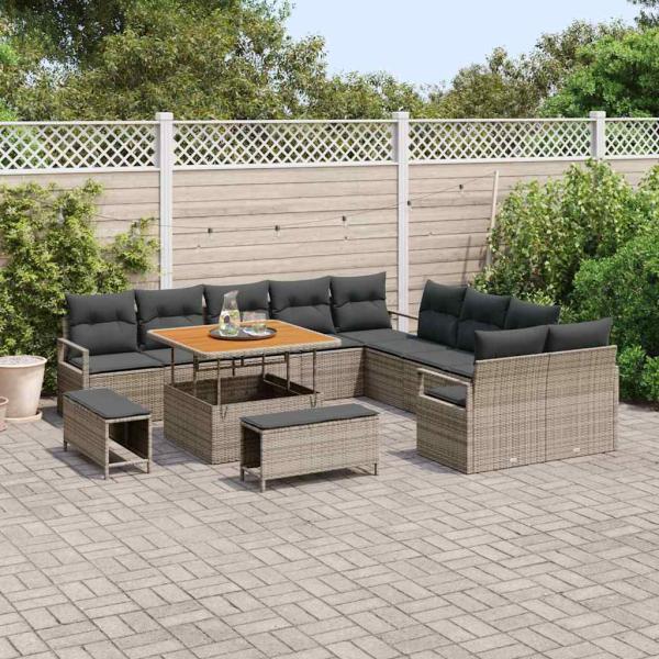 13-teiliges Gartensofa-Set mit Kissen Grau Poly-Rattan Akazie, 2-Sitzer-Gartensofa mit Stauraum und Kissen Grau Poly-Rattan, 3-teiliges Gartenset mit Kissen Grau Poly-Rattan Akazie