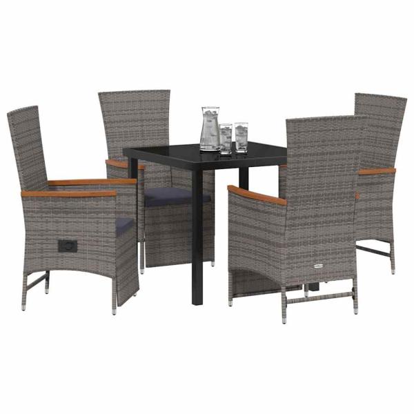 5-teiliges Garten-Dining-Set mit Kissen Grau Poly Rattan
