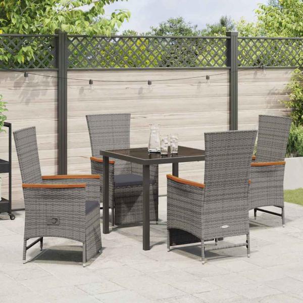 5-teiliges Garten-Dining-Set mit Kissen Grau Poly Rattan