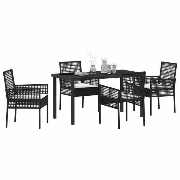5-teiliges Garten Esszimmer Set mit Kissen Schwarz Poly Rattan