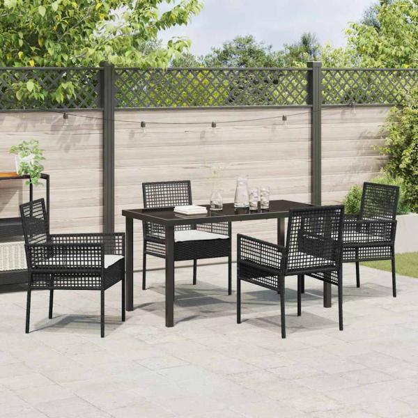 5-teiliges Garten Esszimmer Set mit Kissen Schwarz Poly Rattan
