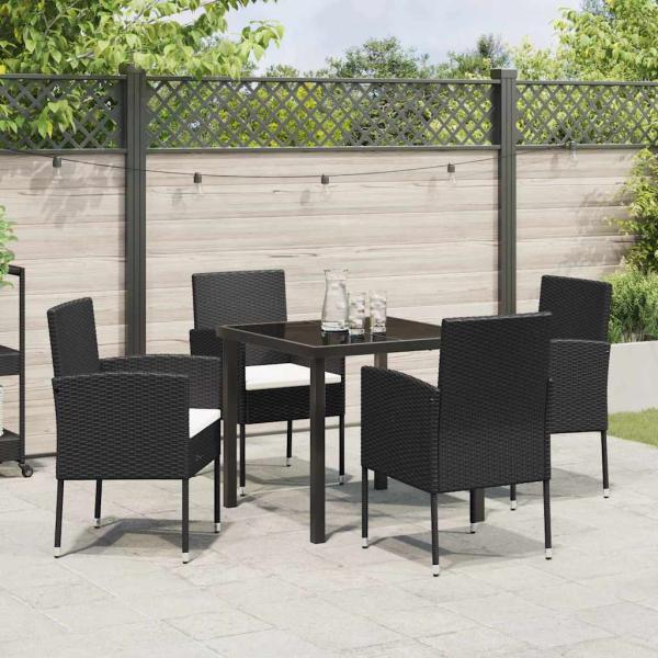 5-teiliges Garten-Essstuhl-Set mit Kissen Schwarz Poly-Rattan