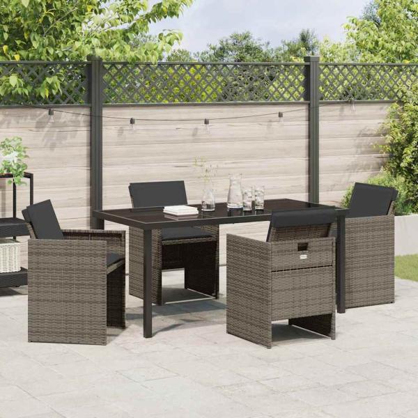 5-teiliges Garten-Essgruppen-Set mit Kissen Grau Poly-Rattan