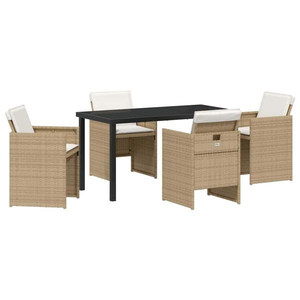5-teiliges Garten-Essset mit Kissen, beiges Poly-Rattan