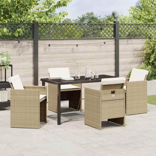 5-teiliges Garten-Essset mit Kissen, beiges Poly-Rattan