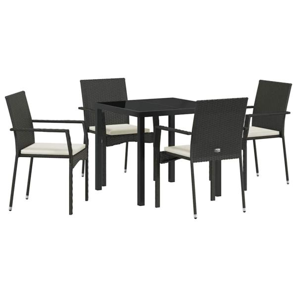 5-teiliges Garten-Ess-Set mit Kissen Schwarz Poly Rattan