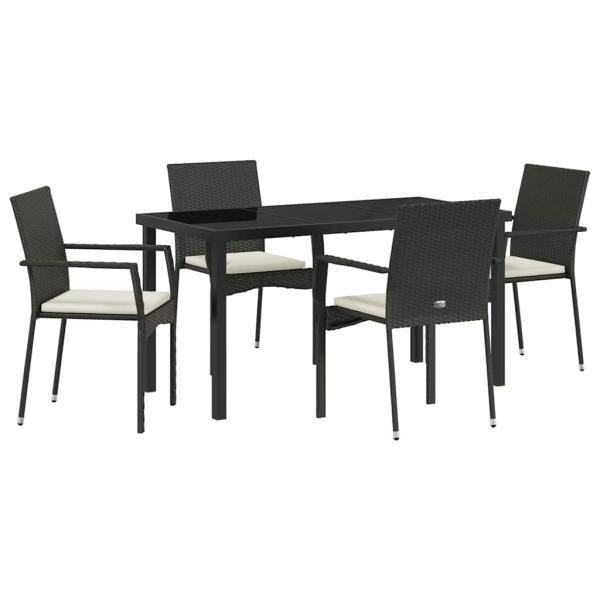 5-teiliges Garten-Ess-Set mit Kissen Schwarz Poly-Rattan