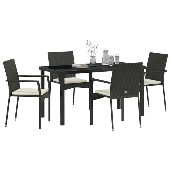 5-teiliges Garten-Ess-Set mit Kissen Schwarz Poly-Rattan