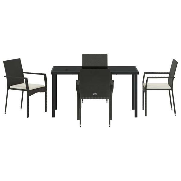 5-teiliges Garten-Ess-Set mit Kissen Schwarz Poly-Rattan
