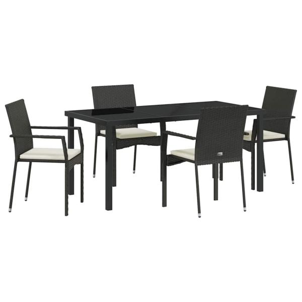5-teiliges Garten-Ess-Set mit Kissen Schwarz Poly-Rattan