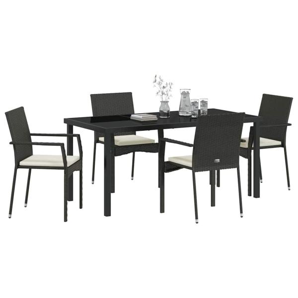 5-teiliges Garten-Ess-Set mit Kissen Schwarz Poly-Rattan