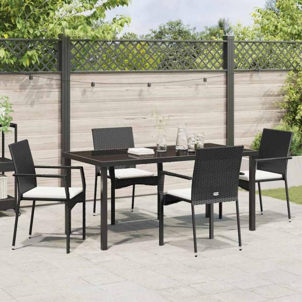 5-teiliges Garten-Ess-Set mit Kissen Schwarz Poly-Rattan