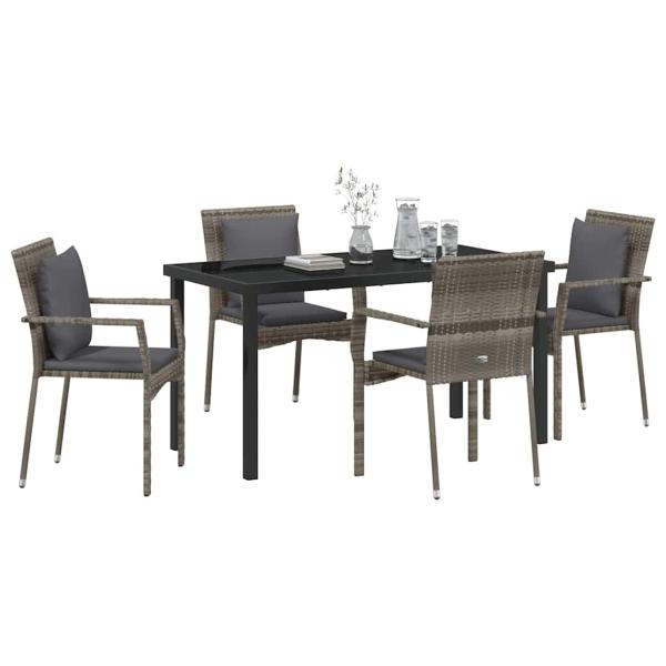5-teilige Garten-Essgruppe mit Kissen Grau Poly Rattan