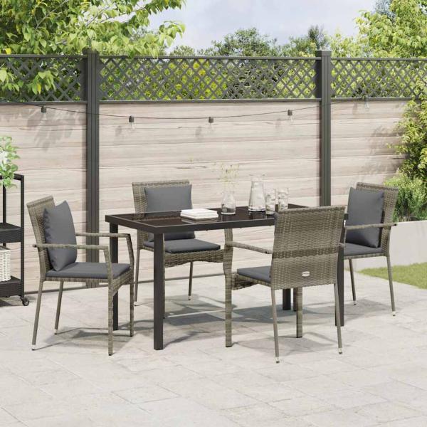 5-teilige Garten-Essgruppe mit Kissen Grau Poly Rattan