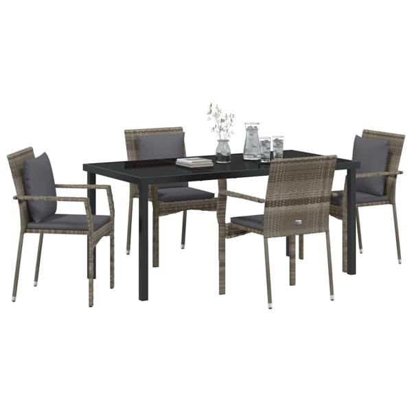 5-teiliges Garten-Essset mit Kissen Grau Poly Rattan