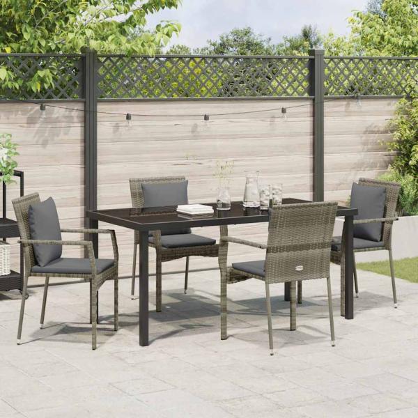 5-teiliges Garten-Essset mit Kissen Grau Poly Rattan