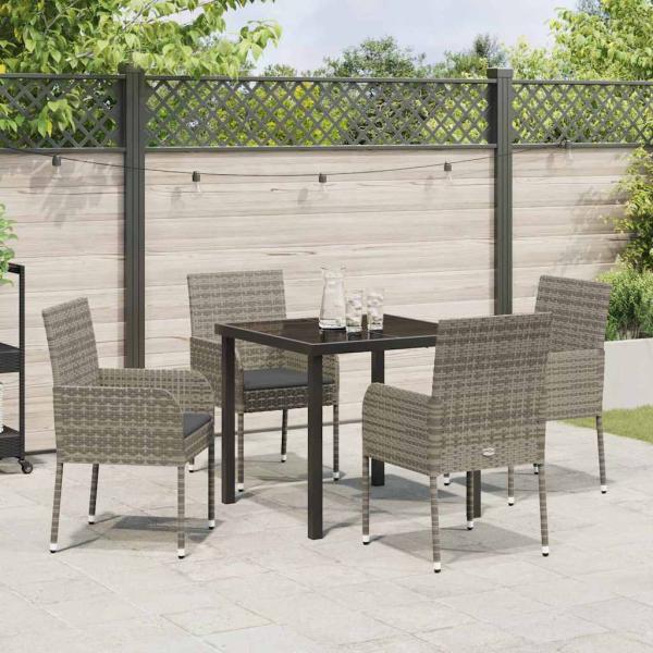5-teiliges Garten-Essset mit Kissen Grau Poly Rattan
