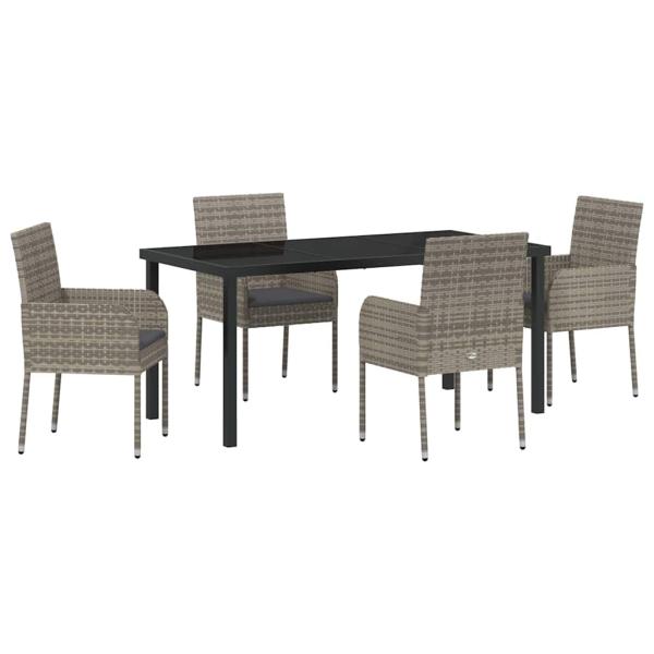 5-teiliges Garten-Ess-Set mit Kissen Grau Poly-Rattan