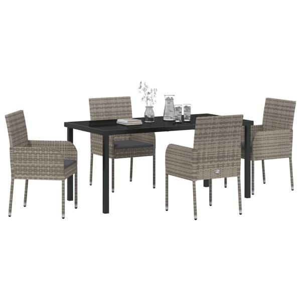 5-teiliges Garten-Ess-Set mit Kissen Grau Poly-Rattan