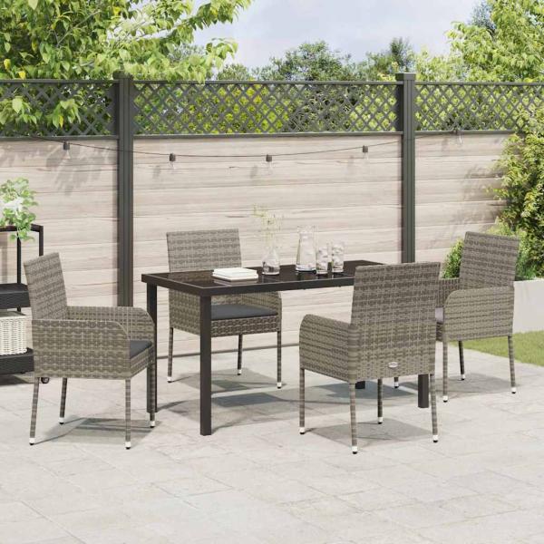 5-teiliges Garten-Ess-Set mit Kissen Grau Poly-Rattan