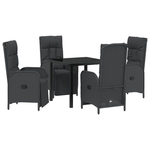 5-teiliges Garten-Ess-Set mit Kissen Schwarzes Poly-Rattan