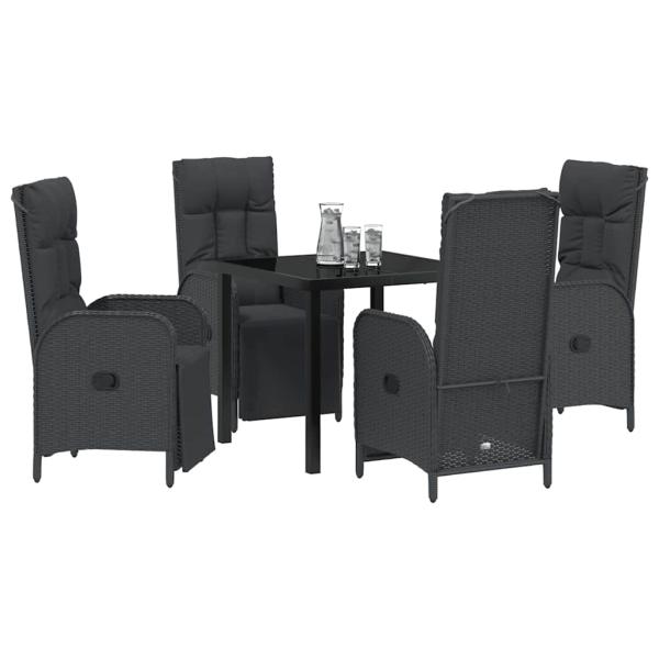 5-teiliges Garten-Ess-Set mit Kissen Schwarzes Poly-Rattan