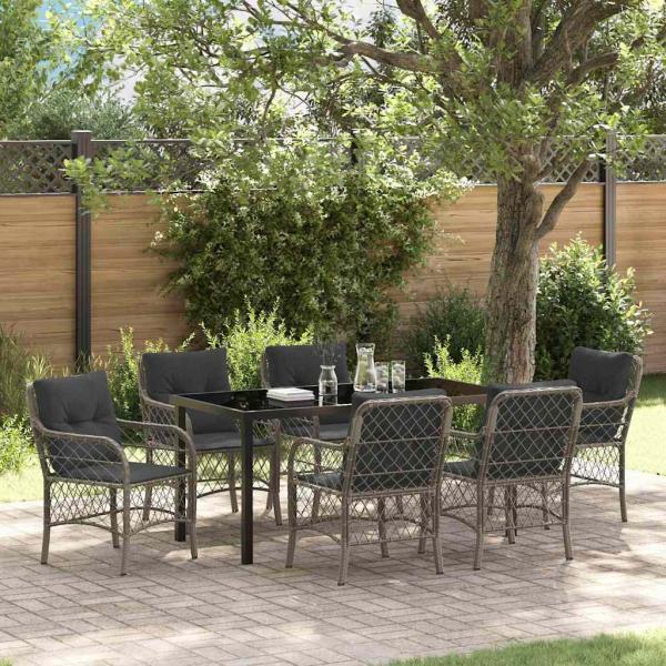 ARDEBO.de - 7-teiliges Garten-Ess-Set mit Kissen Grau Poly-Rattan