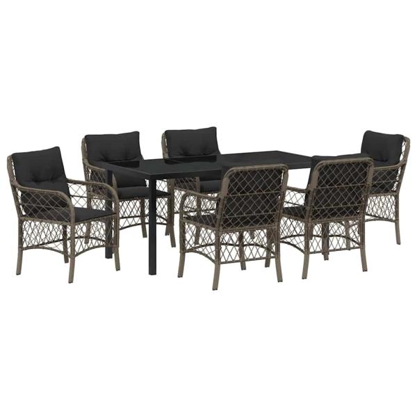 7-teiliges Garten-Ess-Set mit Kissen Grau Poly-Rattan