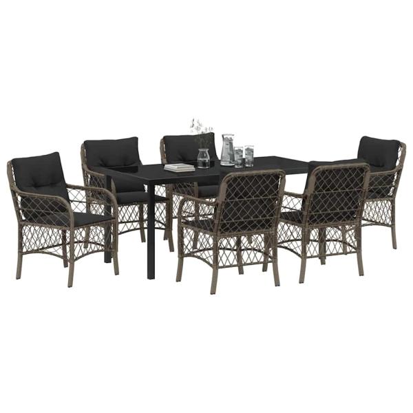 7-teiliges Garten-Ess-Set mit Kissen Grau Poly-Rattan