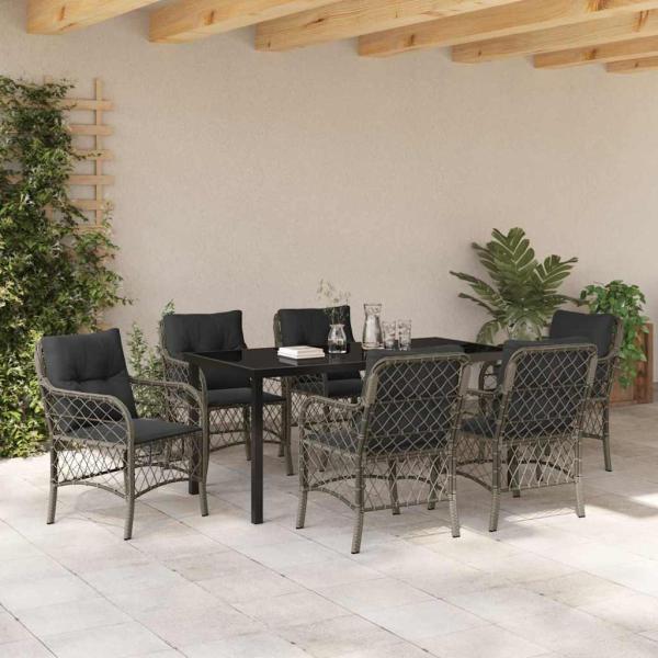 7-teiliges Garten-Ess-Set mit Kissen Grau Poly-Rattan