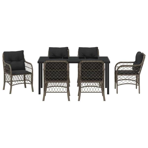 7-teiliges Garten-Ess-Set mit Kissen Grau Poly-Rattan