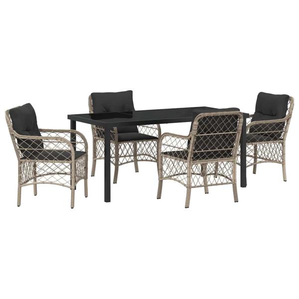 5-teiliges Garten-Ess-Set mit Kissen Hellgrau Poly-Rattan