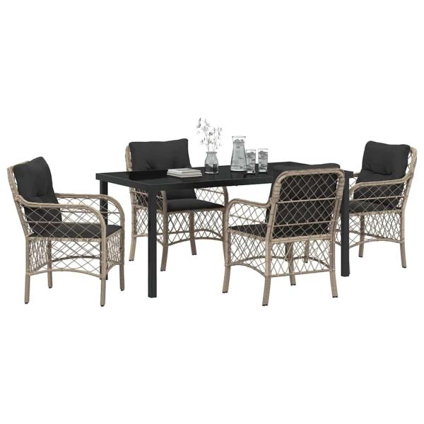 5-teiliges Garten-Ess-Set mit Kissen Hellgrau Poly-Rattan