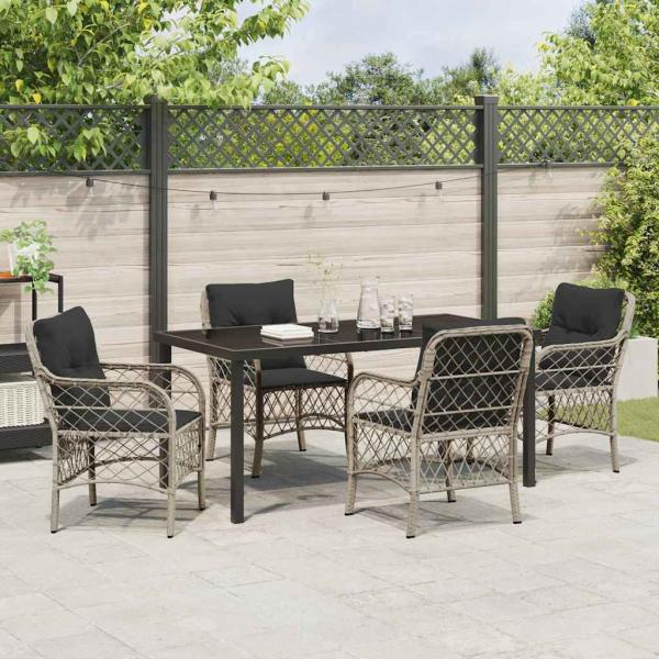 5-teiliges Garten-Ess-Set mit Kissen Hellgrau Poly-Rattan