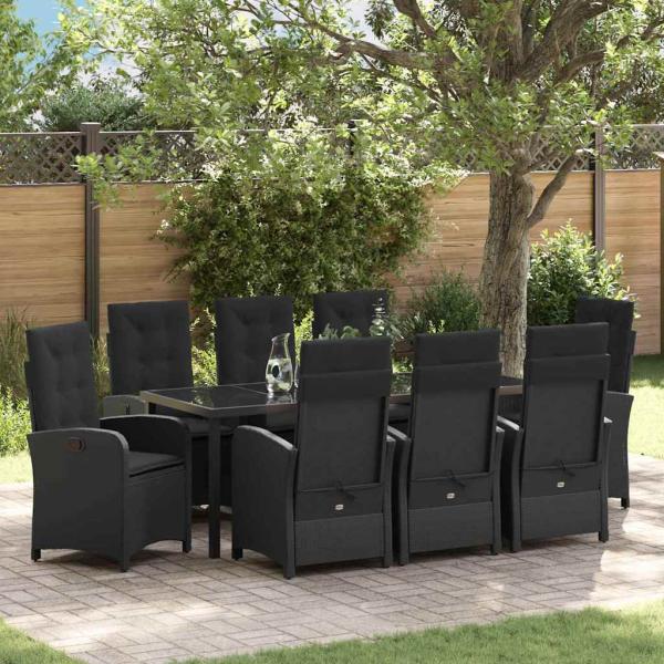 ARDEBO.de - Garten Essgruppe mit Kissen 9 pcs Schwarz Poly-Rattan