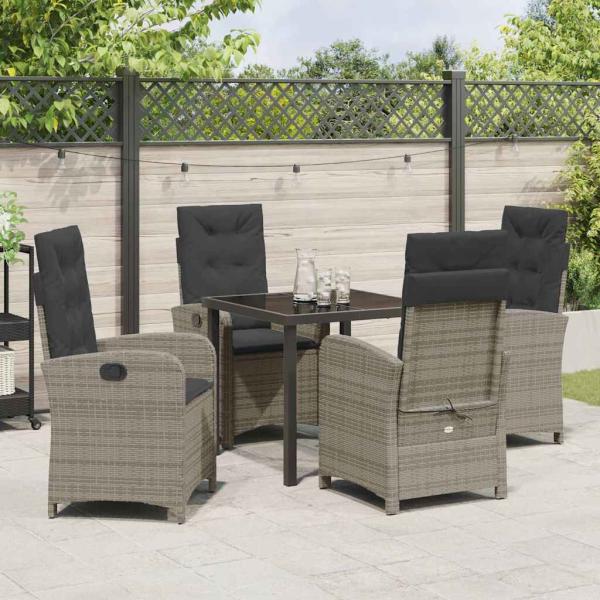 5-teiliges Garten-Dining-Set mit Kissen Grau Poly-Rattan