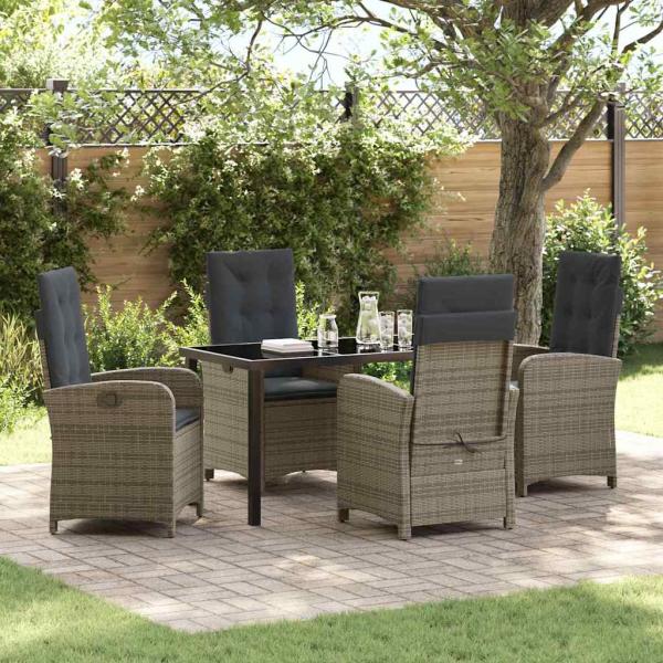 ARDEBO.de - 5-teiliges Garten-Esszimmer-Set mit Kissen Grau Poly-Rattan