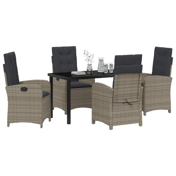 5-teiliges Garten-Esszimmer-Set mit Kissen Grau Poly-Rattan