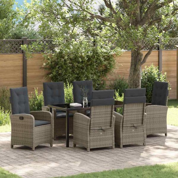 ARDEBO.de - 7-teiliges Garten-Dining-Set mit Kissen in Grau aus Poly-Rattan