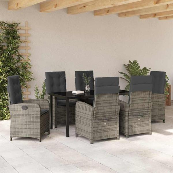 7-teiliges Garten-Dining-Set mit Kissen in Grau aus Poly-Rattan