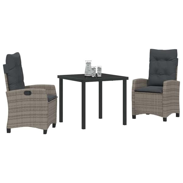 3-teilige Garten-Esstischgruppe mit Kissen Grau Poly Rattan