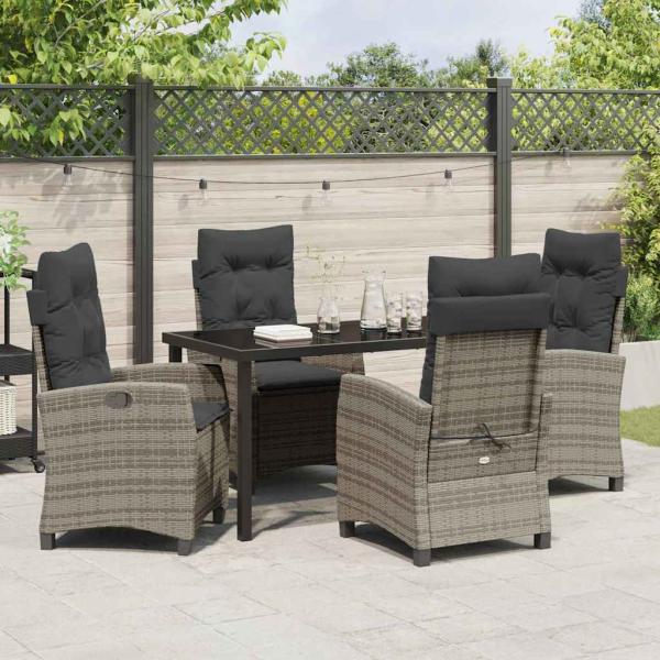 5-teiliges Garten-Ess-Set mit Kissen Grau Poly Rattan