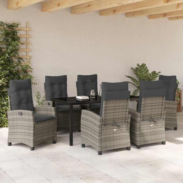 7-teiliges Garten-Esszimmer-Set mit Kissen ? Grau ? Poly-Rattan