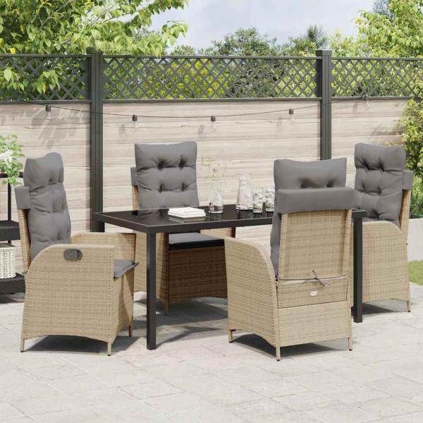 5-teiliges Garten-Esszimmer-Set mit Kissen Beige Poly-Rattan