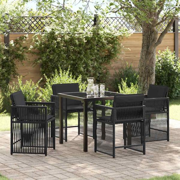 ARDEBO.de - 5-teiliges Garten-Dining-Set mit Kissen Schwarz Poly-Rattan