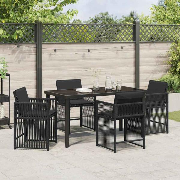 5-teiliges Garten-Essset mit Kissen Schwarz Poly Rattan