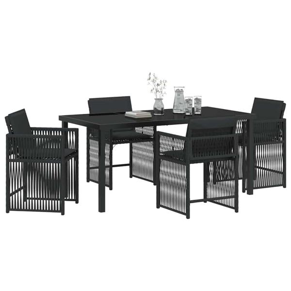 5-teiliges Garten-Esszimmer mit Kissen Schwarz Poly-Rattan