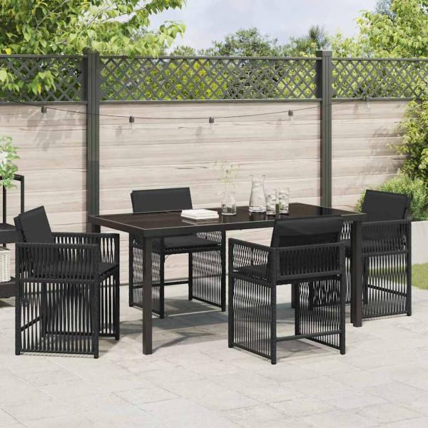 5-teiliges Garten-Esszimmer mit Kissen Schwarz Poly-Rattan