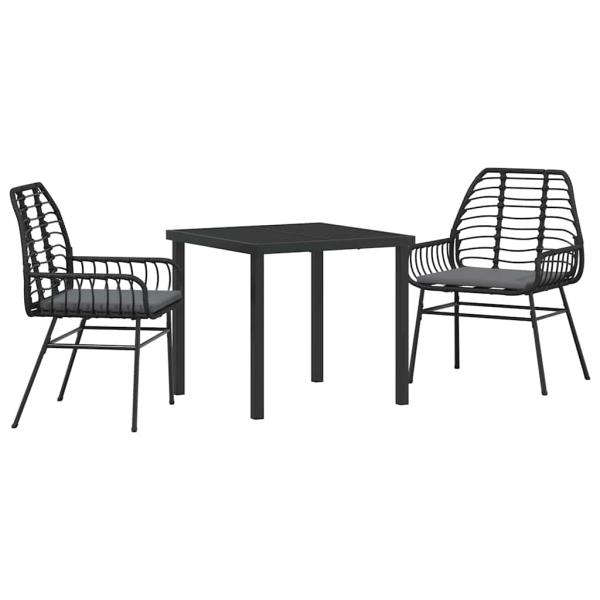 3-teiliges Garten-Essset mit Kissen Schwarz Poly Rattan