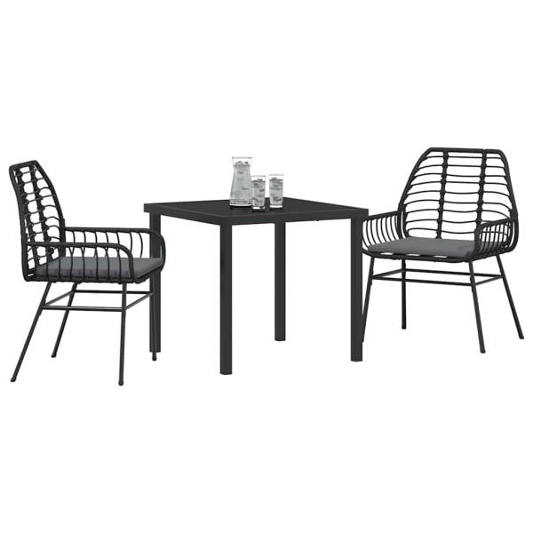 3-teiliges Garten-Essset mit Kissen Schwarz Poly Rattan
